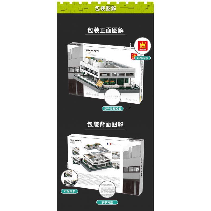WANGE 5237 non  VILLA SAVOYE PARIS PHÁP bộ đồ chơi xếp lắp ráp ghép mô hình Creator VILLA SAVOYE PARIS FRANCE Sáng Tạo 1226 khối