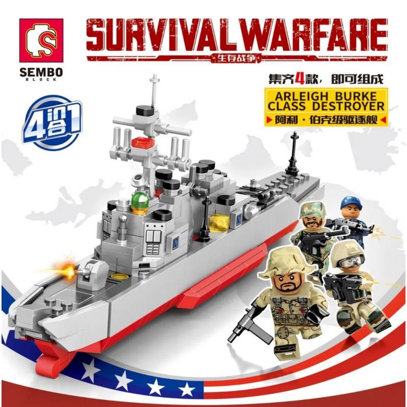 SEMBO 207113 207114 207115 207116 non  TỔ HỢP 4 TÀU KHU TRỤC LỚP ARLEIGH BURKE CỦA QUÂN ĐỘI HOA KỲ bộ đồ chơi xếp lắp ráp ghép mô hình Military Army SURVIVAL WARFARE ARLEIGH BURKE CLASS DESTROYER Quân Sự Bộ Đội 515 khối