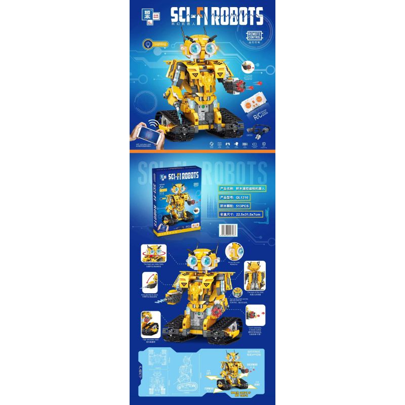 ZHEGAO QL1216 1216 non  ROBOT LẬP TRÌNH ĐIỀU KHIỂN TỪ XA MÀU VÀNG bộ đồ chơi xếp lắp ráp ghép mô hình SCI-FI ROBOTS 513 khối