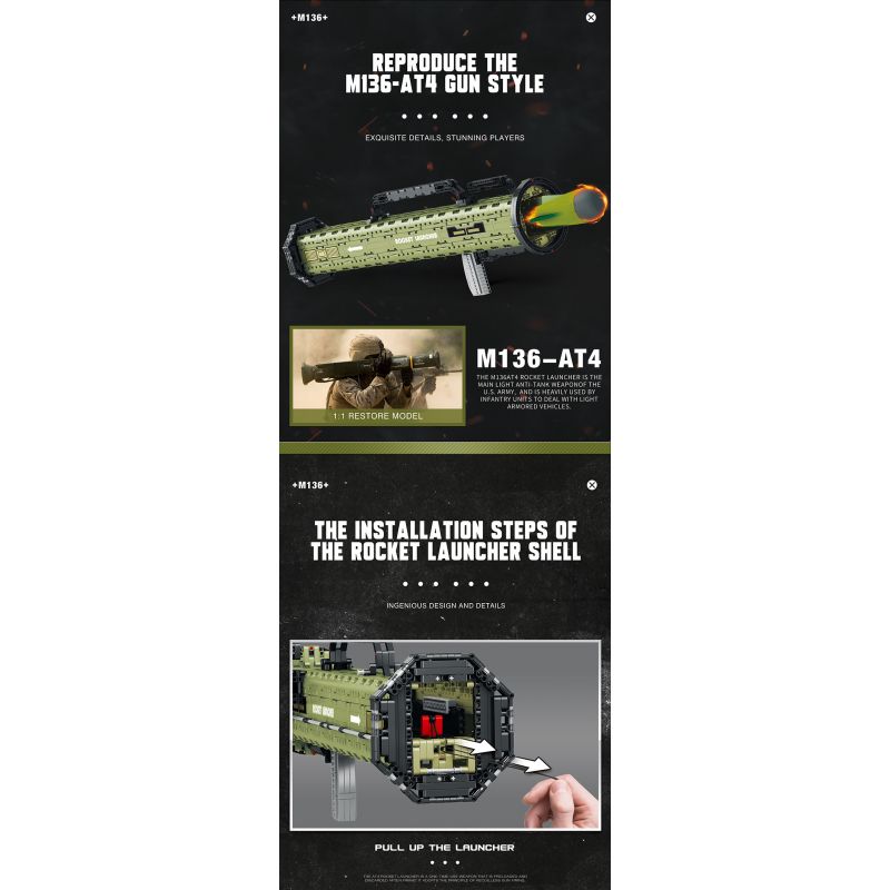 REOBRIX 77027 non  SÚNG PHÓNG TÊN LỬA CHỐNG TĂNG AT-4 bộ đồ chơi xếp lắp ráp ghép mô hình Military Army M136 ANTITANK GRENADE LAUNCHER Quân Sự Bộ Đội 1748 khối