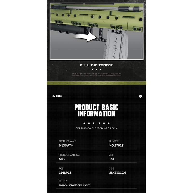 REOBRIX 77027 non  SÚNG PHÓNG TÊN LỬA CHỐNG TĂNG AT-4 bộ đồ chơi xếp lắp ráp ghép mô hình Military Army M136 ANTITANK GRENADE LAUNCHER Quân Sự Bộ Đội 1748 khối