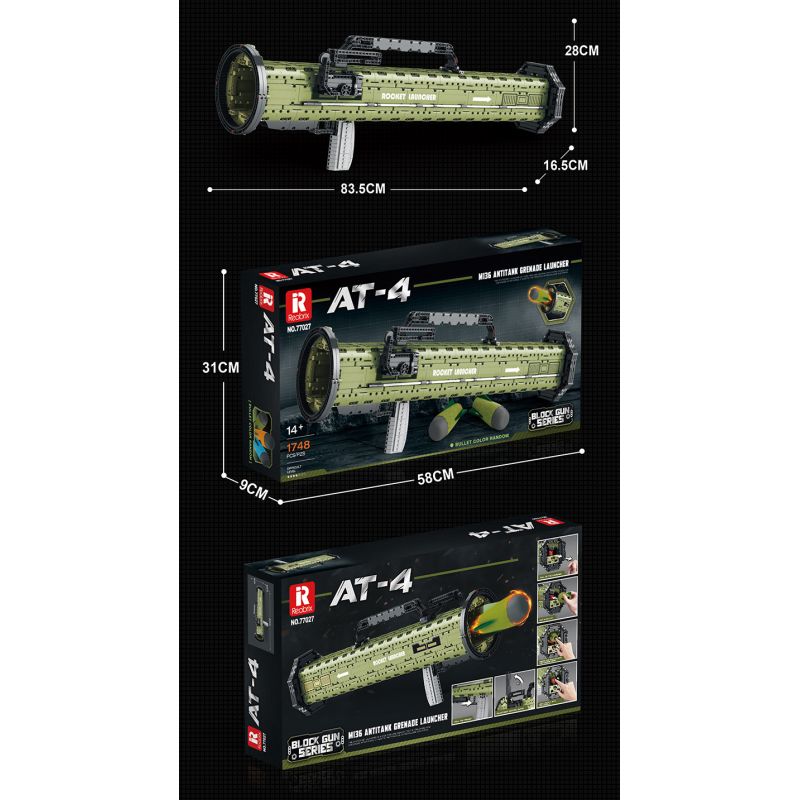 REOBRIX 77027 non  SÚNG PHÓNG TÊN LỬA CHỐNG TĂNG AT-4 bộ đồ chơi xếp lắp ráp ghép mô hình Military Army M136 ANTITANK GRENADE LAUNCHER Quân Sự Bộ Đội 1748 khối