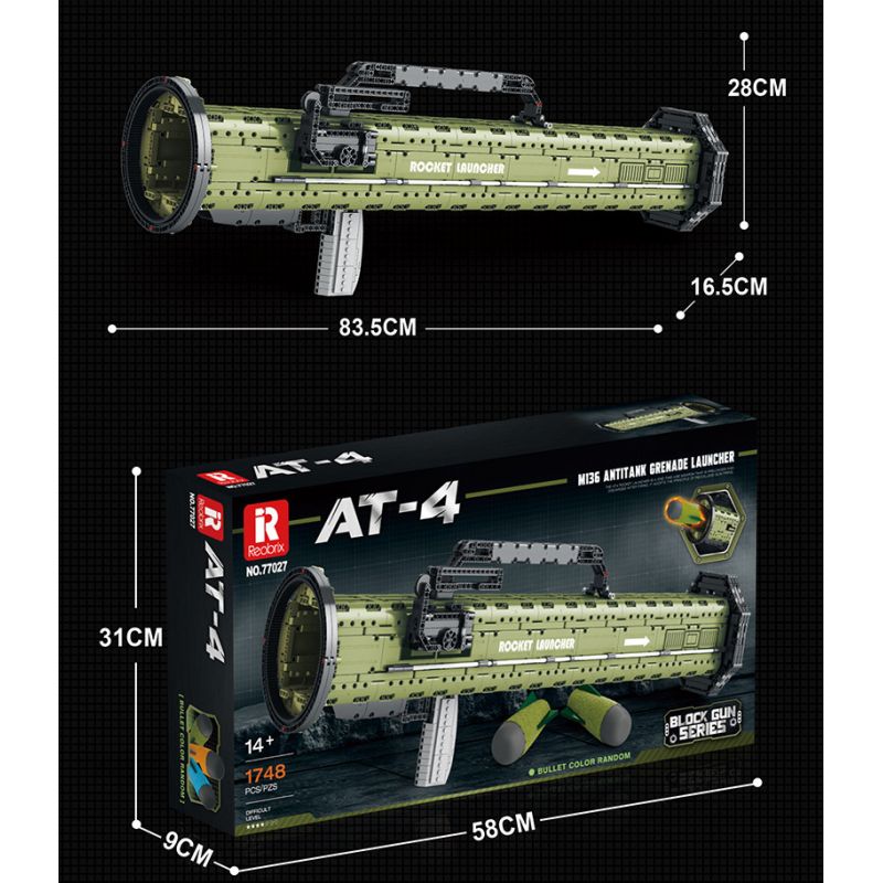 REOBRIX 77027 non  SÚNG PHÓNG TÊN LỬA CHỐNG TĂNG AT-4 bộ đồ chơi xếp lắp ráp ghép mô hình Military Army M136 ANTITANK GRENADE LAUNCHER Quân Sự Bộ Đội 1748 khối