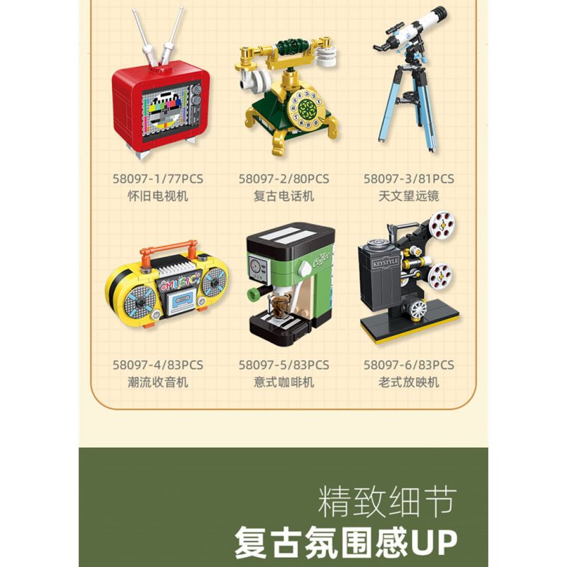 JIESTAR 58097 non  CƠN SỐT HIỆN ĐẠI 6 MẪU TV HOÀI CỔ ĐIỆN THOẠI ĐIỂN KÍNH VIỄN VỌNG THIÊN VĂN RADIO MÁY PHA CÀ PHÊ ESPRESSO CHIẾU KIỂU CŨ bộ đồ chơi xếp lắp ráp ghép mô hình Creator Sáng Tạo 487 khối