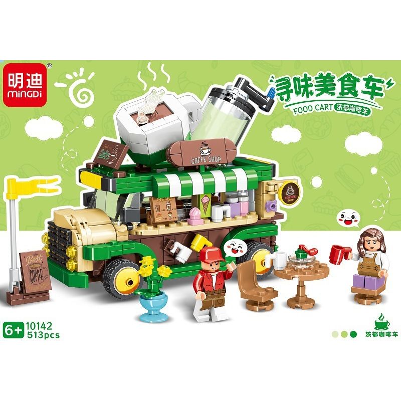 MINGDI LEIBAO 10142 non  TÌM XE BÁN ĐỒ ĂN RICH COFFEE TRUCK bộ đồ chơi xếp lắp ráp ghép mô hình FOOD CART 513 khối