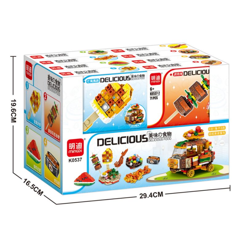 MINGDI LEIBAO K0537 0537 non  8 LOẠI MÓN ĂN NGON KEM XOÀI KEBAB DƯA HẤU MÁT LẠNH SUSHI TRỨNG CÁ TÔM CHIÊN VÀNG BÁNH QUY CẦU VỒNG ĐẦY MÀU SẮC RAMEN CÁNH GÀ NƯỚNG bộ đồ chơi xếp lắp ráp ghép mô hình 563 khối