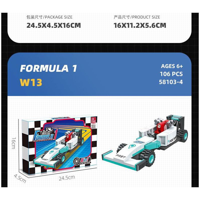 JIESTAR 58103 non  XE DU LỊCH F1 8 TỔ HỢP bộ đồ chơi xếp lắp ráp ghép mô hình Racers FORMULA 1 Đua Tốc Độ 862 khối
