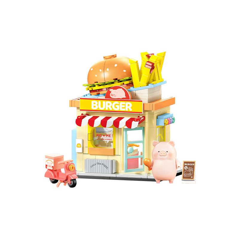 SEMBO 608073 KHU MA THUẬT TUYỆT VỜI CỦA LULU PIG NHÀ HÀNG BURGER bộ đồ chơi xếp lắp ráp ghép mô hình 444 khối