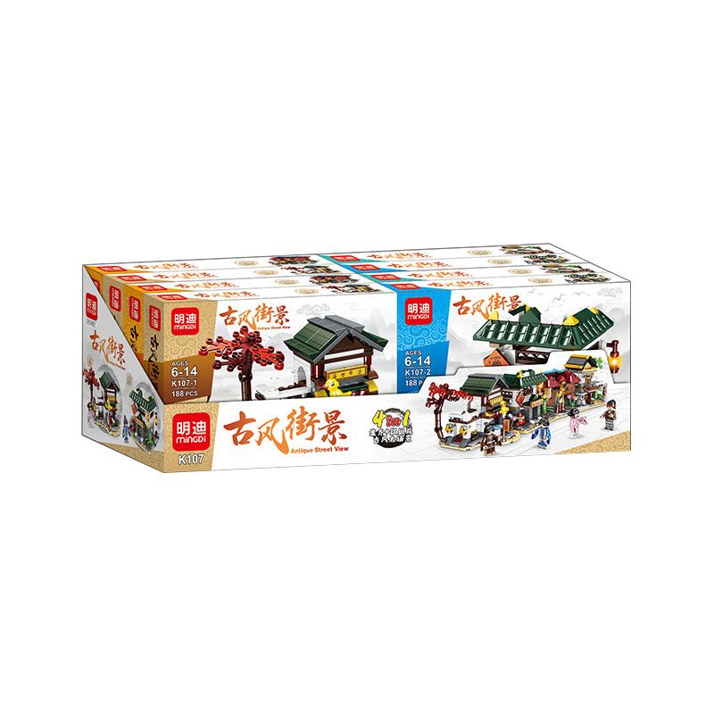 MINGDI K107 non Lego 4 LOẠI CẢNH ĐƯỜNG PHỐ PHONG CÁCH CỔ XƯA TIỆM VẢI QUÁN RƯỢU RÈN TRÀ bộ đồ chơi xếp lắp ráp ghép mô hình ANTIQUE STREET VIEW 752 khối