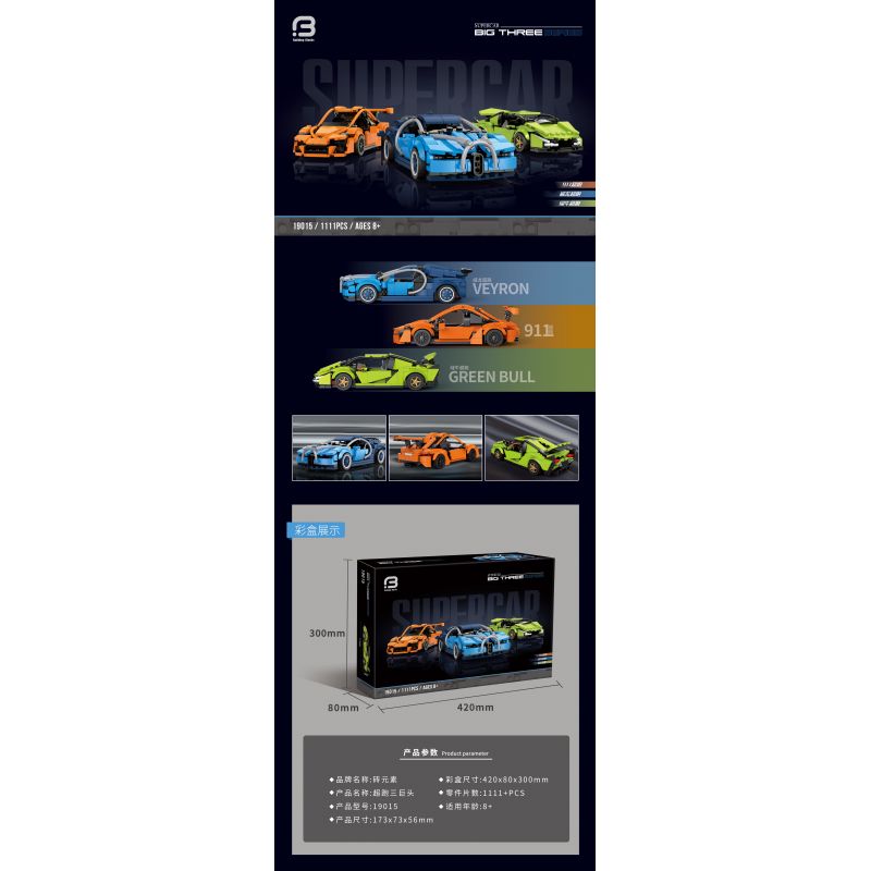 BRICK ELEMENT 19015 non  BÁCH LÝ HỒNG NGHĨA bộ đồ chơi xếp lắp ráp ghép mô hình SUPERCAR BIG THREE 1111 khối