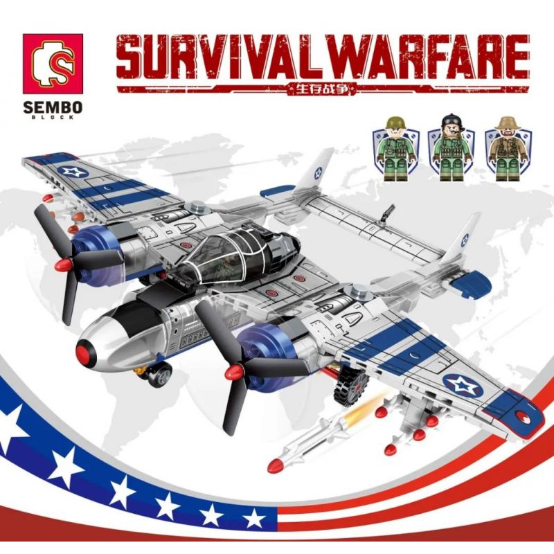 SEMBO 207105 non  US P38 (MÁY BAY CHIẾN ĐẤU CẬN ÂM LOẠI 1 CỦA MỸ) bộ đồ chơi xếp lắp ráp ghép mô hình Military Army SURVIVAL WARFARE Quân Sự Bộ Đội 479 khối
