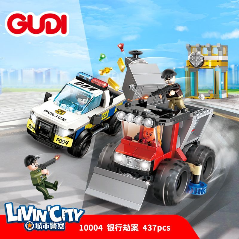 GUDI 10004 non  CƯỚP NGÂN HÀNG bộ đồ chơi xếp lắp ráp ghép mô hình Police LIVIN'CITY BANK ROBBERY Cảnh Sát 437 khối