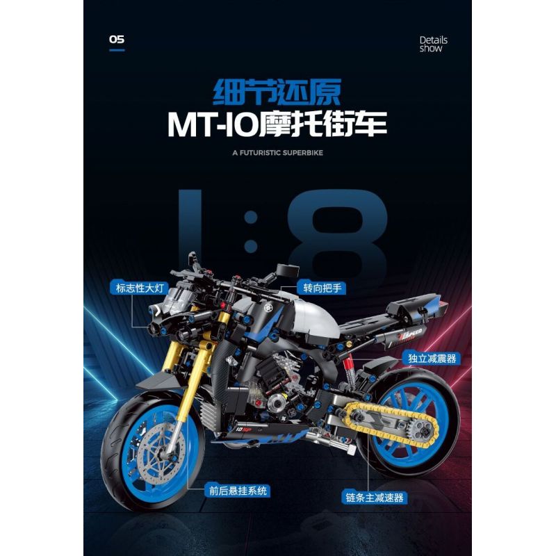 DOUBLE HEIGHT 60509 XE MÁY YAMAHA MT1O tỷ lệ 1:8 bộ đồ chơi xếp lắp ráp ghép mô hình Technic Kỹ Thuật Công Nghệ Cao Mô Hình Phương Tiện 638 khối