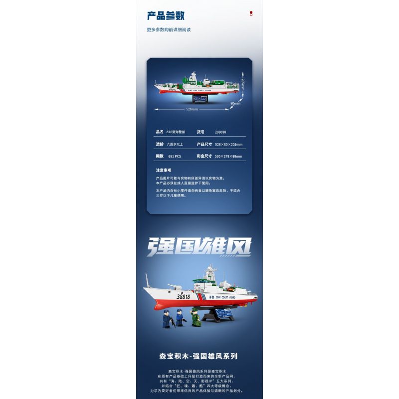 SEMBO 208038 MỘT QUỐC GIA HÙNG MẠNH TÀU CẢNH SÁT BIỂN TYPE 818 BLUE SEA GUARDIAN bộ đồ chơi xếp lắp ráp ghép mô hình Military Army Quân Sự Bộ Đội 691 khối