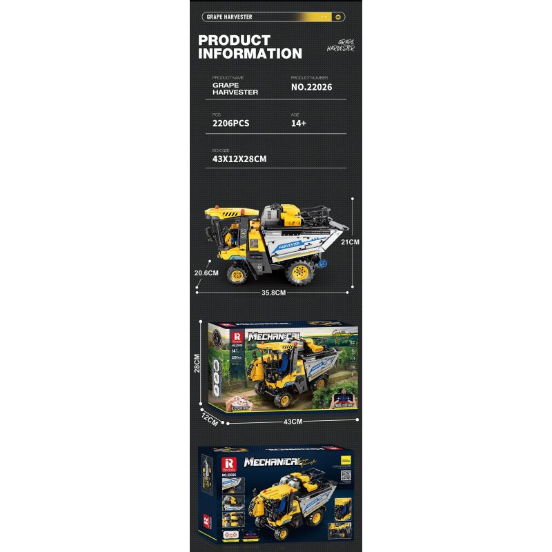 REOBRIX 22026 MÁY GẶT NHO bộ đồ chơi xếp lắp ráp ghép mô hình Technic GRAPE HARVESTER Kỹ Thuật Công Nghệ Cao Mô Hình Phương Tiện 2206 khối