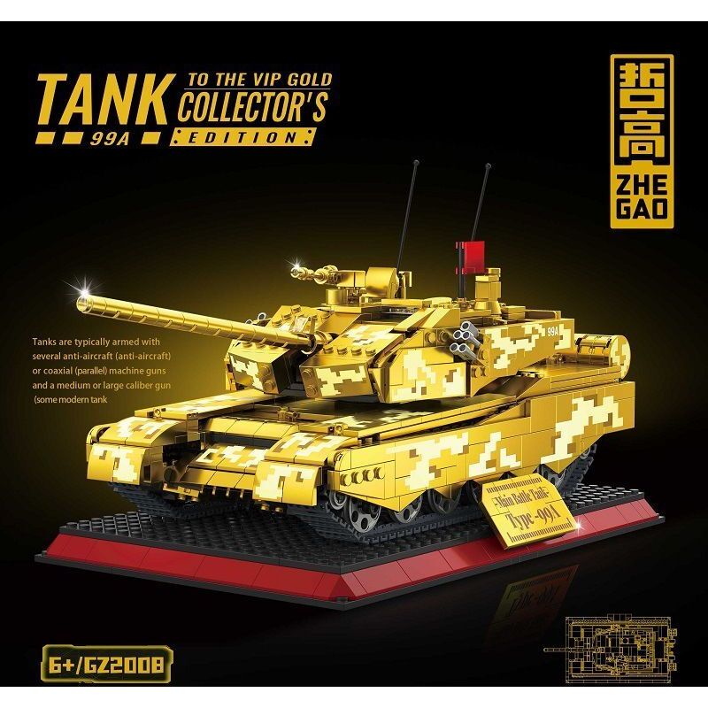 ZHEGAO GZ2008 2008 PHIÊN BẢN VÀNG TỐI THƯỢNG CỦA XE TĂNG 99A bộ đồ chơi xếp lắp ráp ghép mô hình Military Army Quân Sự Bộ Đội 1157 khối