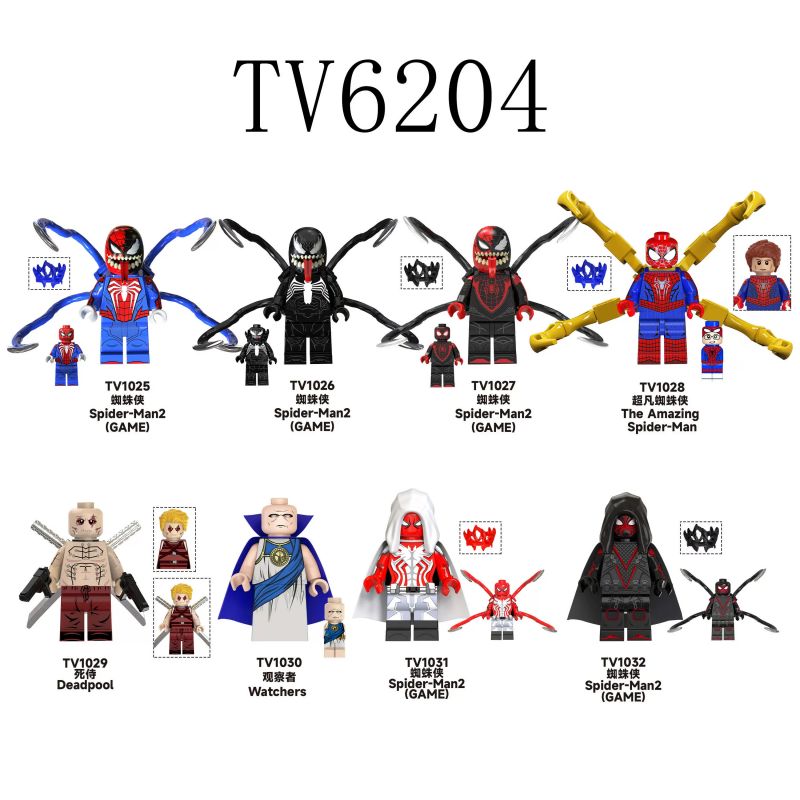 TV 6204 1025 1026 1027 1028 1029 1030 1031 1032 non Lego 8 LOẠI NHÂN VẬT NGƯỜI NHỆN bộ đồ chơi xếp lắp ráp ghép mô hình Super Heroes Siêu Nhân Anh Hùng