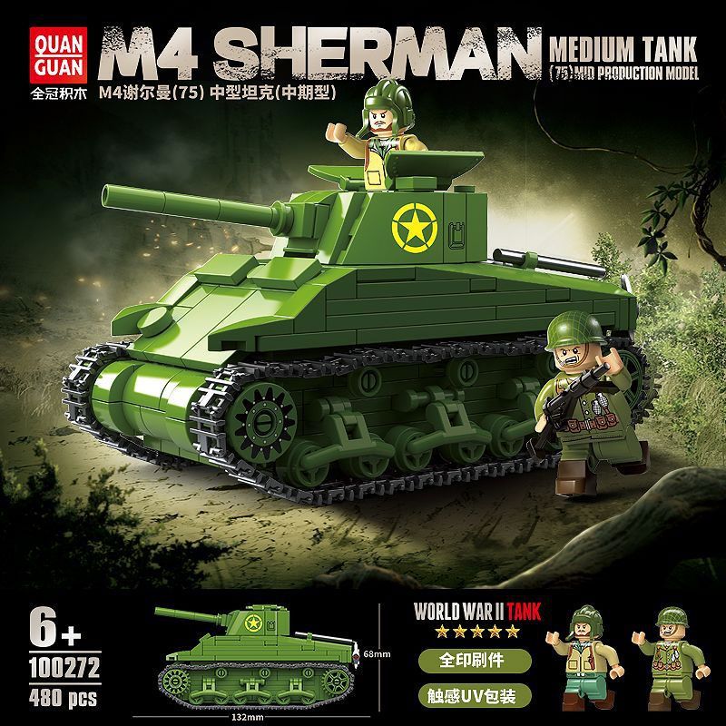 QuanGuan 100272 Quan Guan 100272 TĂNG HẠNG TRUNG M4 SHERMAN (75) (LOẠI HẠN) bộ đồ chơi xếp lắp ráp ghép mô hình Military Army Quân Sự Bộ Đội 480 khối