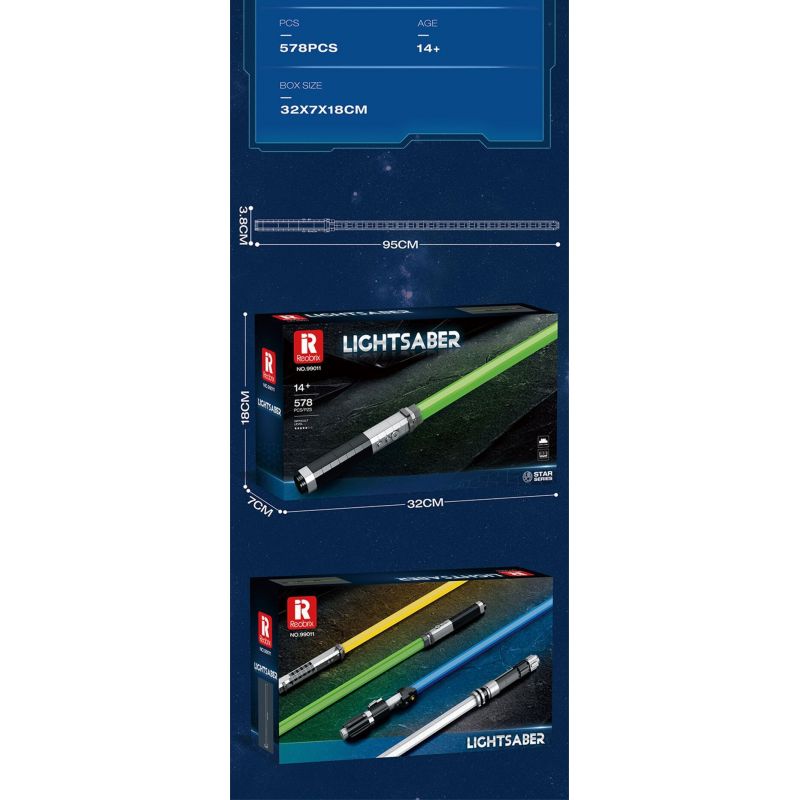 REOBRIX 99011 THANH KIẾM ÁNH SÁNG MÀU XANH LÁ CÂY bộ đồ chơi xếp lắp ráp ghép mô hình Star Wars LIGHTSABER Chiến Tranh Giữa Các Vì Sao 578 khối