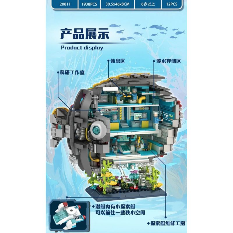 DOUBLE HEIGHT 20811 ĐỒ CHƠI BÁN CƠ THỜI THƯỢNG CÁ KHÍ bộ đồ chơi xếp lắp ráp ghép mô hình MECHANICAL RESEARCH SUBMARINE PUFFER FISH 1938 khối