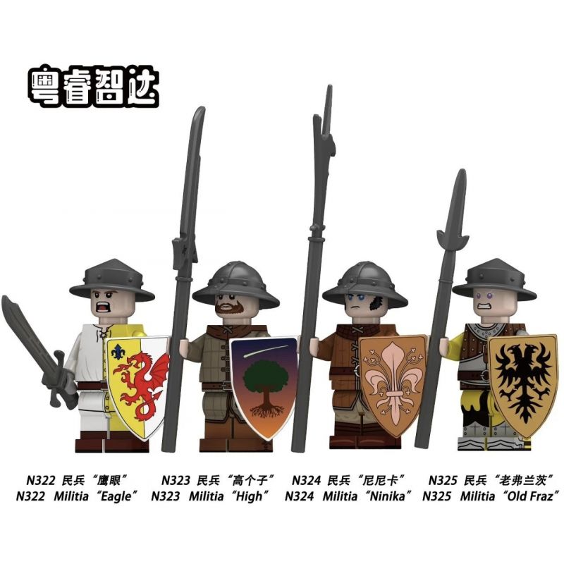 Lego Guangdong Ruizhida N322 Guangdong Ruizhida N323 Guangdong Ruizhida N324 Guangdong Ruizhida N325 Militia Xếp hình lắp ráp ghép mô hình Nhân vật dân quân thời trung cổ 4 loại
