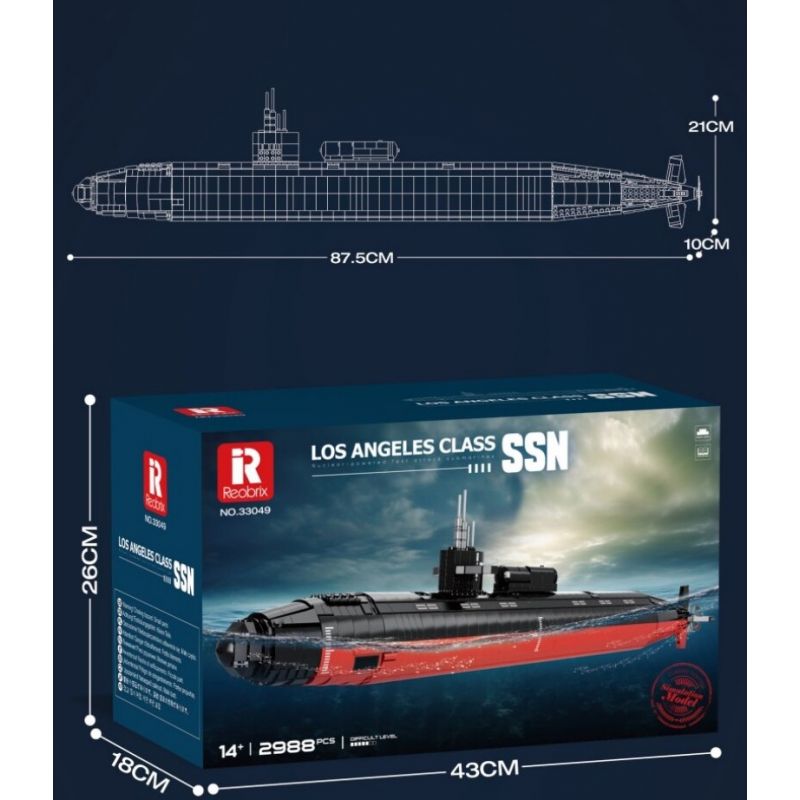 JMBRICKLAYER 61518 REOBRIX 33049 TÀU NGẦM TẤN CÔNG HẠT NHÂN LỚP LOS ANGELES tỷ lệ 1:125 bộ đồ chơi xếp lắp ráp ghép mô hình Military Army LOS ANGELES-CLASS SSN 1:125 Quân Sự Bộ Đội 2988 khối