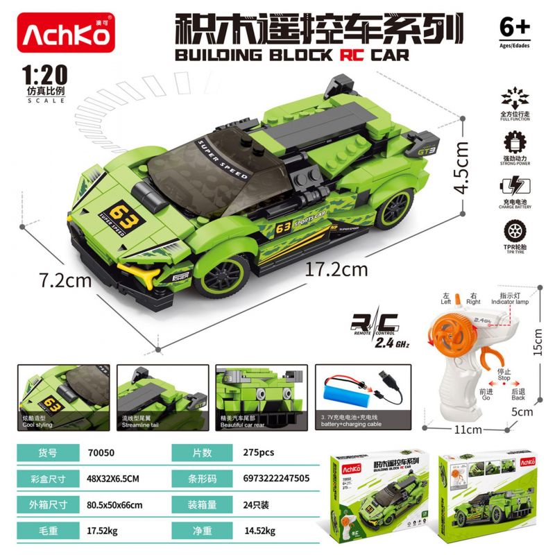 ACHKO 70050 XE ĐIỀU KHIỂN TỪ XA MÀU XANH LÁ CÂY tỷ lệ 1:20 bộ đồ chơi xếp lắp ráp ghép mô hình Racers Đua Tốc Độ 275 khối