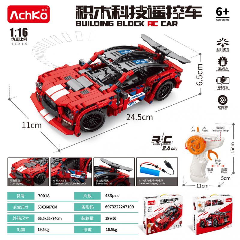 ACHKO 70018 CÔNG NGHỆ ĐIỀU KHIỂN TỪ XA XE MUSTANG ĐỎ tỷ lệ 1:16 bộ đồ chơi xếp lắp ráp ghép mô hình Technic Kỹ Thuật Công Nghệ Cao Mô Hình Phương Tiện 433 khối