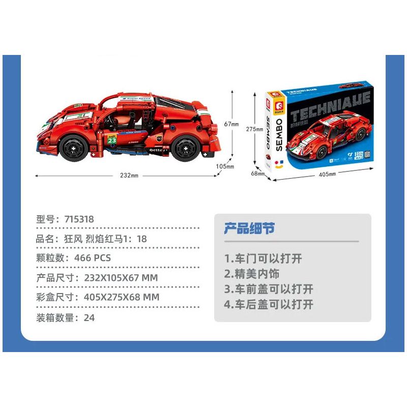 SEMBO 715318 NGỌN LỬA GIÓ MẠNH NGỰA ĐỎ 1:18 tỷ lệ 1:18 bộ đồ chơi xếp lắp ráp ghép mô hình Speed Champions Racing Cars Đua Xe Công Thức 466 khối