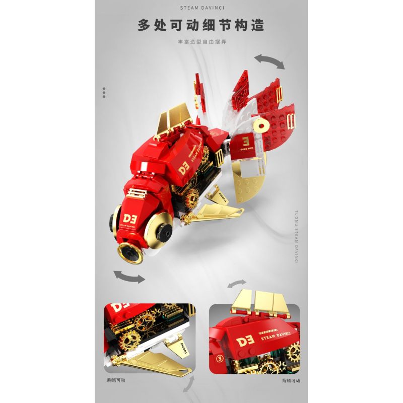 TAKUGI T7004 7004 HƠI NƯỚC DA VINCI CÁ VÀNG LỬA ĐỎ bộ đồ chơi xếp lắp ráp ghép mô hình STEAM DAVINCI RED RYUKIN GOLDFISH