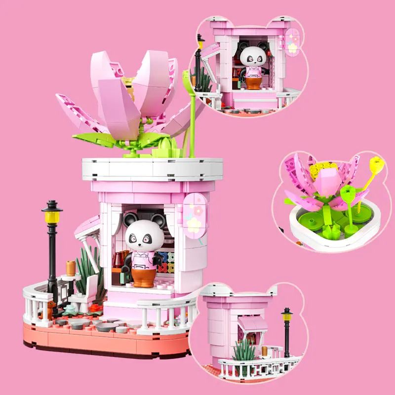 ZHEGAO 663012-4 NGƯỜI BÁN HOA GẤU TRÚC bộ đồ chơi xếp lắp ráp ghép mô hình PANDA FLOWER SHOP LOTUS 505 khối