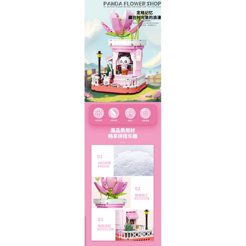 ZHEGAO 663012-4 NGƯỜI BÁN HOA GẤU TRÚC bộ đồ chơi xếp lắp ráp ghép mô hình PANDA FLOWER SHOP LOTUS 505 khối