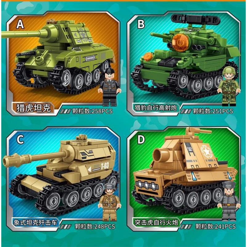 LE YI 69017 MECHA TRỌNG LỰC 4 TỔ HỢP XE TĂNG JAGDTIGER PHÁO PHÒNG KHÔNG TỰ HÀNH JAGDPANTHER CHỐNG ELEPHANT ASSAULT bộ đồ chơi xếp lắp ráp ghép mô hình Military Army Quân Sự Bộ Đội 998 khối