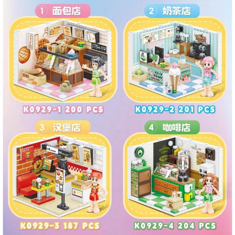 MINGDI LEIBAO K0929 0929 CỬA HÀNG DÀNH CHO NGƯỜI SÀNH ĂN DIY 4 LOẠI TIỆM BÁNH QUÁN TRÀ SỮA BURGER CÀ PHÊ bộ đồ chơi xếp lắp ráp ghép mô hình Girl Con Gái 792 khối