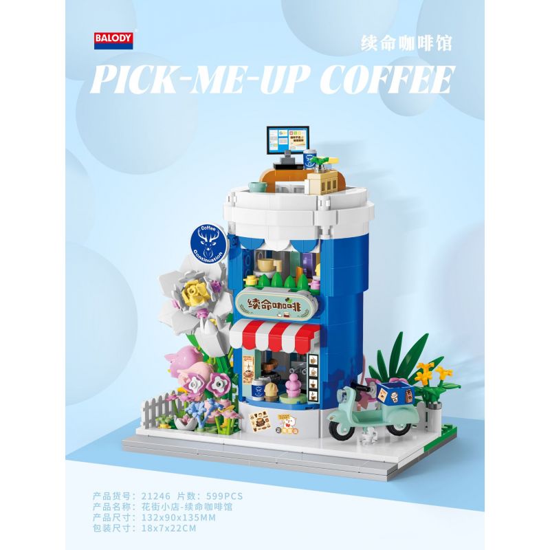 BALODY 21246 QUÁN PHỐ HOA CAFE CUỘC SỐNG BỀN VỮNG bộ đồ chơi xếp lắp ráp ghép mô hình PICK ME UP COFFEE 599 khối