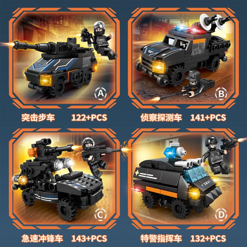 LE YI 78015 STORM SWAT 4 LOẠI XE BỘ BINH TẤN CÔNG TRINH SÁT VÀ PHÁT HIỆN NHANH CHỈ HUY bộ đồ chơi xếp lắp ráp ghép mô hình Military Army Quân Sự Bộ Đội 538 khối