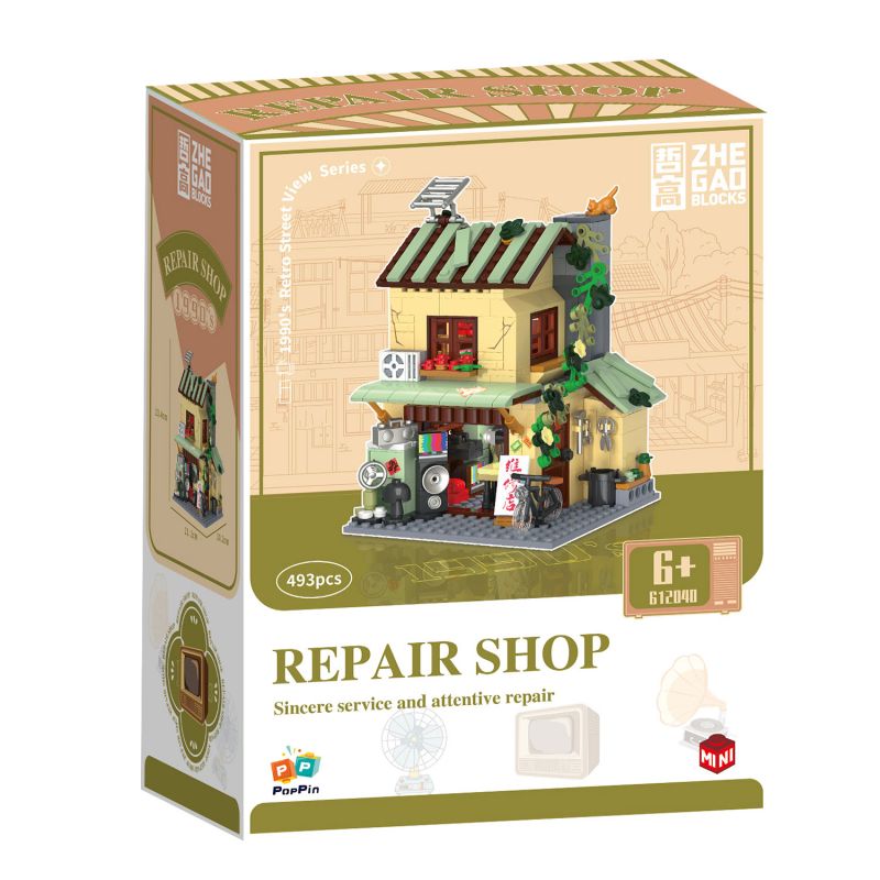 ZHEGAO 612040 non Lego KỶ NIỆM MỘT NĂM TIỆM SỬA CHỮA LÃO LI bộ đồ chơi xếp lắp ráp ghép mô hình City REPAIR SHOP Thành Phố 493 khối