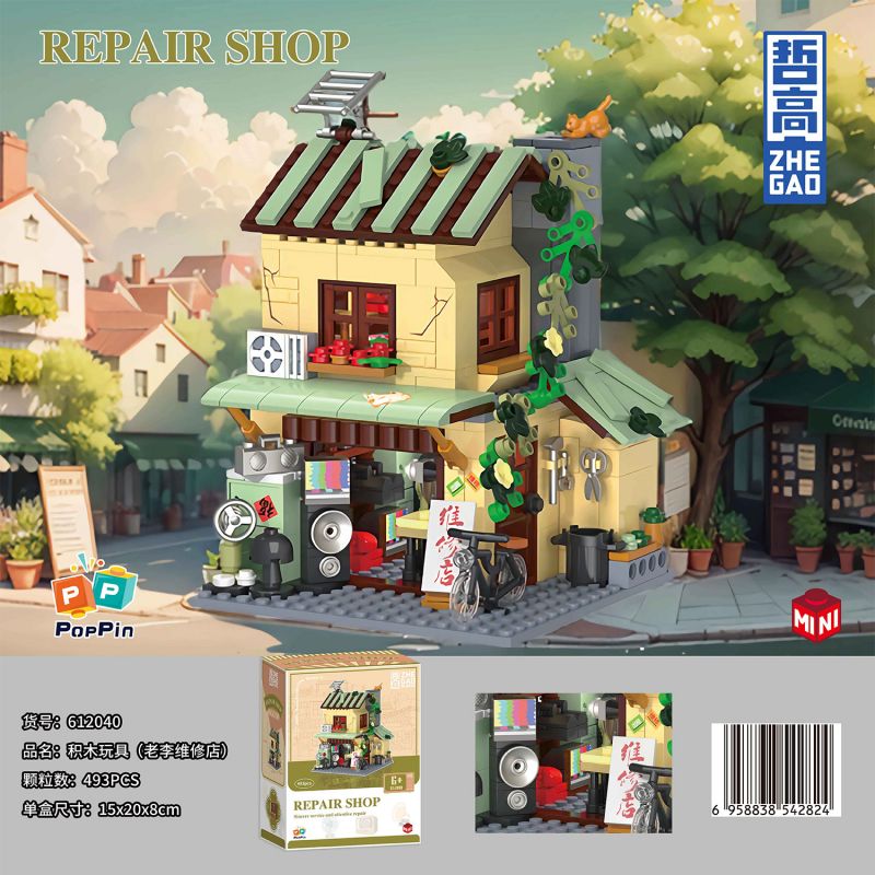 ZHEGAO 612040 KỶ NIỆM MỘT NĂM TIỆM SỬA CHỮA LÃO LI bộ đồ chơi xếp lắp ráp ghép mô hình City REPAIR SHOP Thành Phố 493 khối