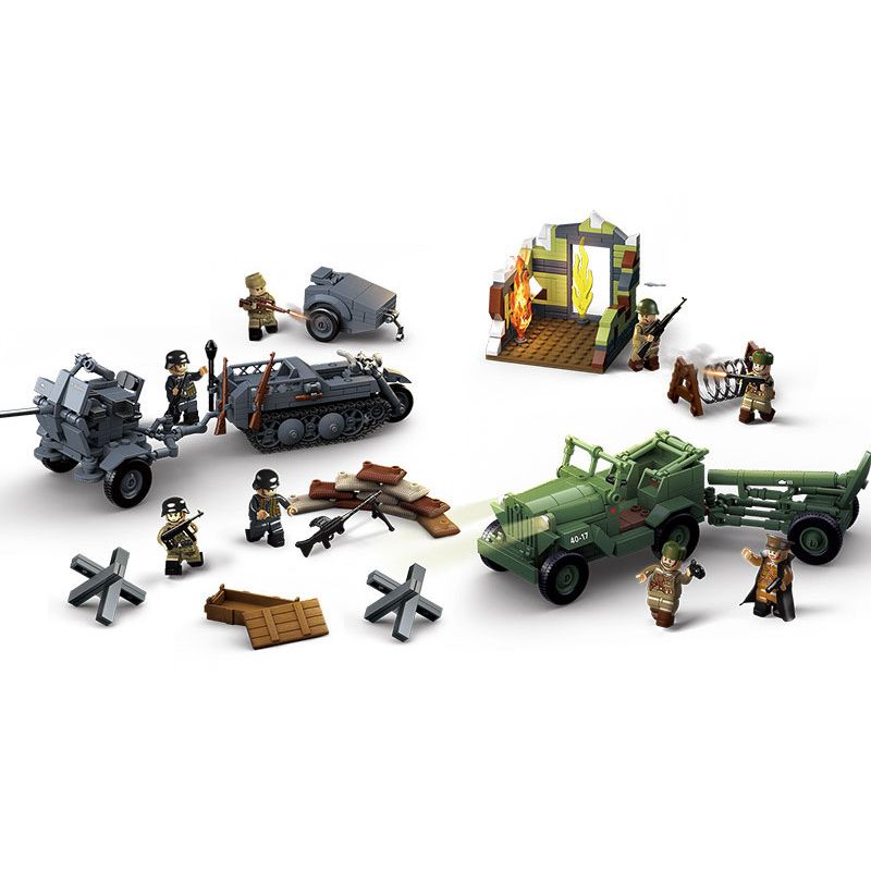 QuanGuan 100284 Quan Guan 100284 non Lego CÁC ANH HÙNG VÀ TƯỚNG QUÂN 4 PHÁO PHÒNG KHÔNG FLAK 38 20MM XE MÔ TÔ NỬA BÁNH SD.KFZ2 ĐỊA HÌNH SỰ GAZ-67B SÚNG CỐI HẠNG NẶNG M1938 120MM bộ đồ chơi xếp lắp ráp ghép mô hình Military Army Quân Sự Bộ Đội