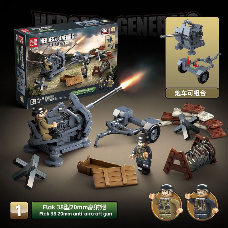 QuanGuan 100284 Quan Guan 100284 CÁC ANH HÙNG VÀ TƯỚNG QUÂN 4 PHÁO PHÒNG KHÔNG FLAK 38 20MM XE MÔ TÔ NỬA BÁNH SD.KFZ2 ĐỊA HÌNH SỰ GAZ-67B SÚNG CỐI HẠNG NẶNG M1938 120MM bộ đồ chơi xếp lắp ráp ghép mô hình Military Army Quân Sự Bộ Đội