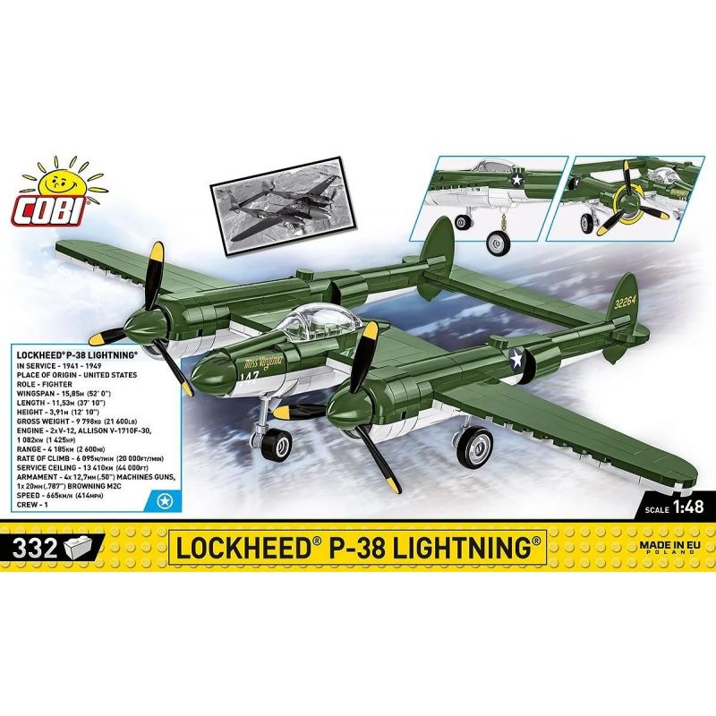 COBI 5882 MÁY BAY CHIẾN ĐẤU P-38 CỦA MỸ tỷ lệ 1:48 bộ đồ chơi xếp lắp ráp ghép mô hình Military Army LOCKHEED P-38 LIGHTNING Quân Sự Bộ Đội 332 khối