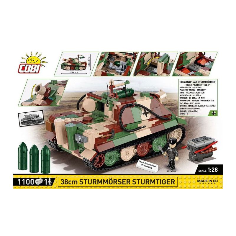 COBI 2585 XE TĂNG TẤN CÔNG SÚNG CỐI 38CM tỷ lệ 1:28 bộ đồ chơi xếp lắp ráp ghép mô hình Military Army 38 CM STURMMÖRSER STURMTIGER Quân Sự Bộ Đội 1100 khối
