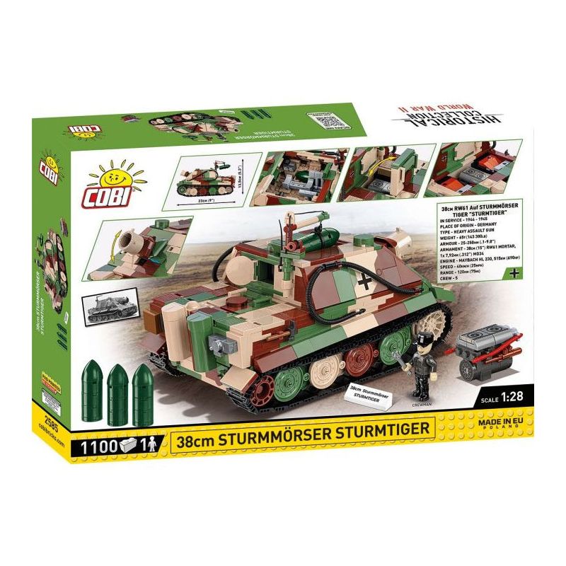 COBI 2585 XE TĂNG TẤN CÔNG SÚNG CỐI 38CM tỷ lệ 1:28 bộ đồ chơi xếp lắp ráp ghép mô hình Military Army 38 CM STURMMÖRSER STURMTIGER Quân Sự Bộ Đội 1100 khối