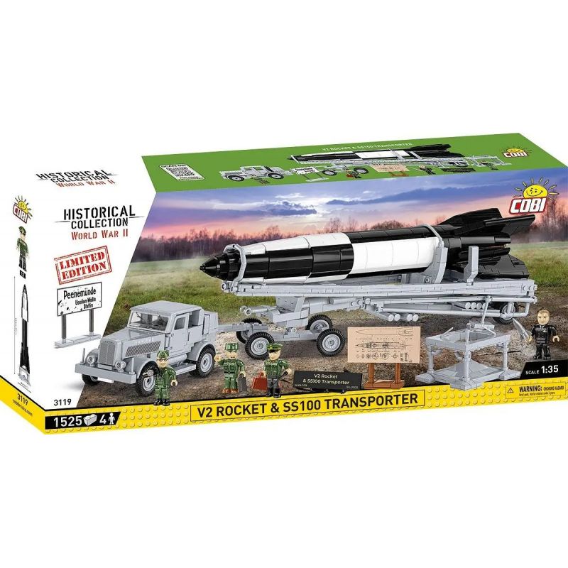 COBI 3119 TÊN LỬA V2 VÀ PHƯƠNG TIỆN VẬN CHUYỂN JAGUAR SS 100 tỷ lệ 1:35 bộ đồ chơi xếp lắp ráp ghép mô hình Military Army V2 ROCKET & SS100 TRANSPORTER - LIMITED EDITION Quân Sự Bộ Đội 1525 khối