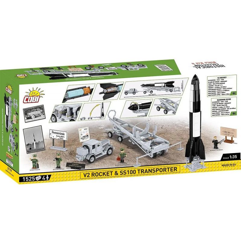 COBI 3119 TÊN LỬA V2 VÀ PHƯƠNG TIỆN VẬN CHUYỂN JAGUAR SS 100 tỷ lệ 1:35 bộ đồ chơi xếp lắp ráp ghép mô hình Military Army V2 ROCKET & SS100 TRANSPORTER - LIMITED EDITION Quân Sự Bộ Đội 1525 khối