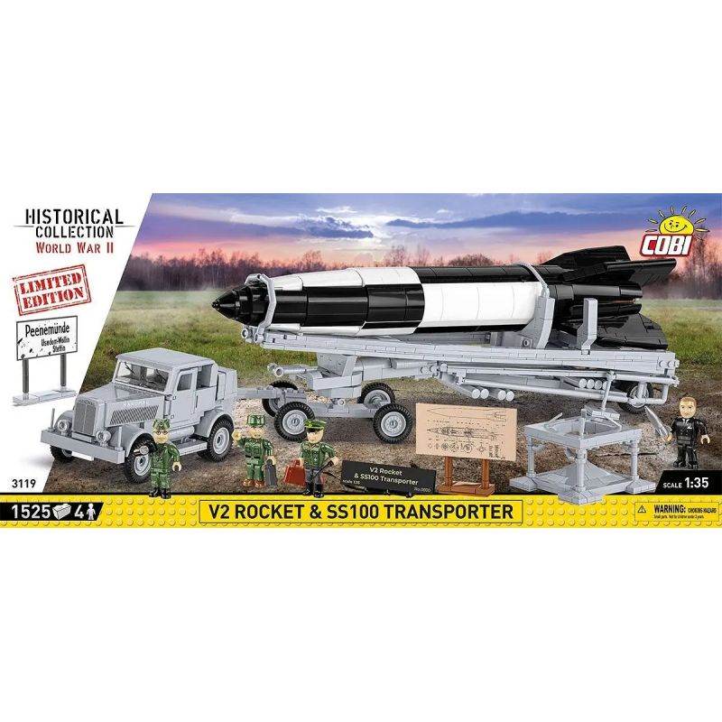 COBI 3119 TÊN LỬA V2 VÀ PHƯƠNG TIỆN VẬN CHUYỂN JAGUAR SS 100 tỷ lệ 1:35 bộ đồ chơi xếp lắp ráp ghép mô hình Military Army V2 ROCKET & SS100 TRANSPORTER - LIMITED EDITION Quân Sự Bộ Đội 1525 khối