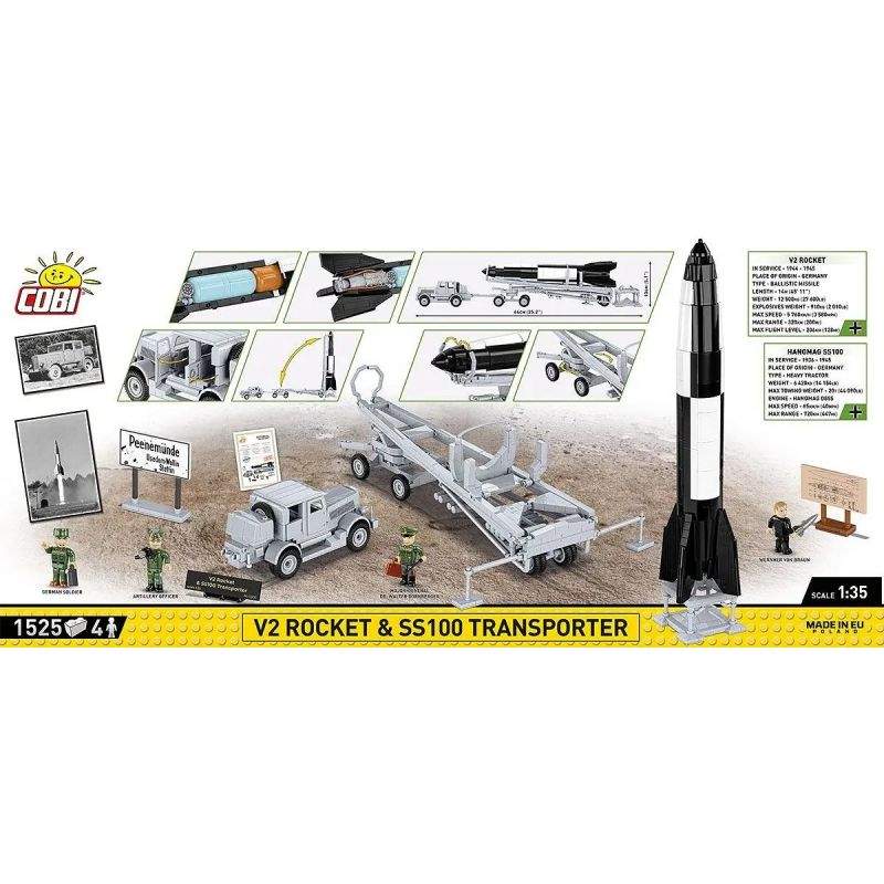 COBI 3119 TÊN LỬA V2 VÀ PHƯƠNG TIỆN VẬN CHUYỂN JAGUAR SS 100 tỷ lệ 1:35 bộ đồ chơi xếp lắp ráp ghép mô hình Military Army V2 ROCKET & SS100 TRANSPORTER - LIMITED EDITION Quân Sự Bộ Đội 1525 khối