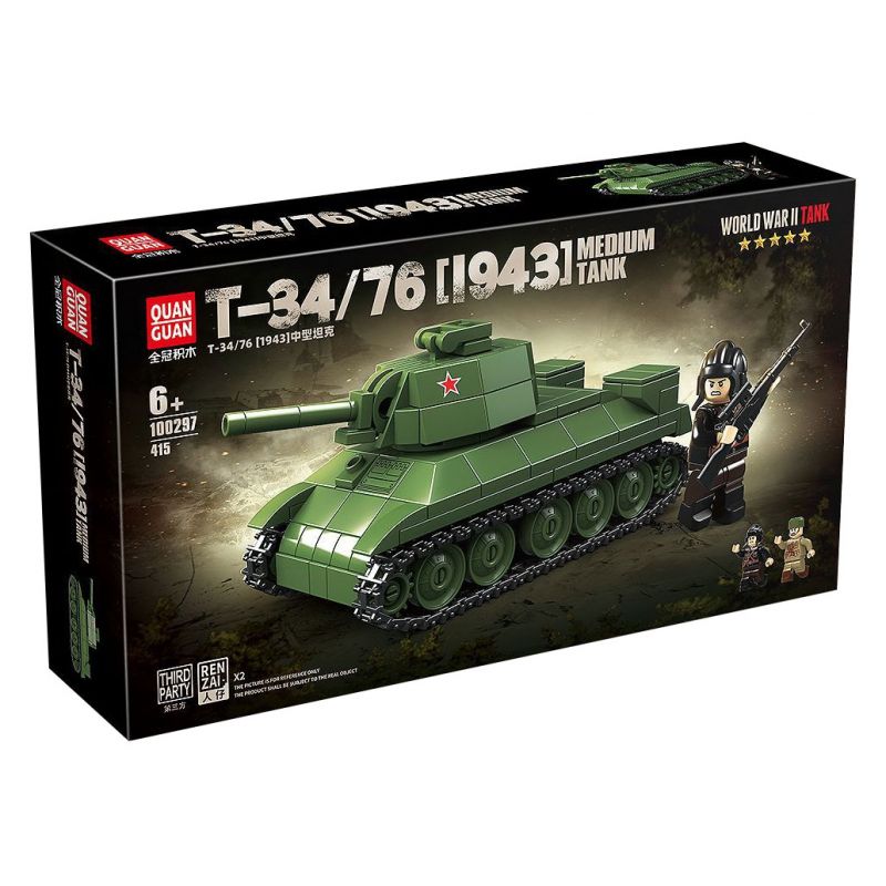 QuanGuan 100297 Quan Guan 100297 XE TĂNG HẠNG TRUNG T34/76 1943 CỦA LIÊN XÔ bộ đồ chơi xếp lắp ráp ghép mô hình Military Army T34/76[1943] MEDIUM TANK Quân Sự Bộ Đội 415 khối