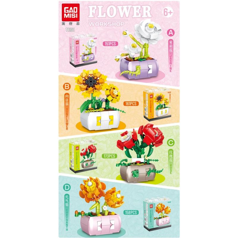 GAOMISI T1101 1101 SHOP HOA 4 LOẠI NHÀI HƯỚNG DƯƠNG HỒNG CÚC SỨC SỐNG bộ đồ chơi xếp lắp ráp ghép mô hình FLOWER WORKSHOP 643 khối