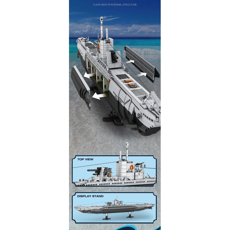 REOBRIX 33050 THUYỀN CHỮ bộ đồ chơi xếp lắp ráp ghép mô hình Military Army UNDERSEA BOAT NEXT-GENERATION STRATEGIC U-TYPE SUBMARINE Quân Sự Bộ Đội 3987 khối